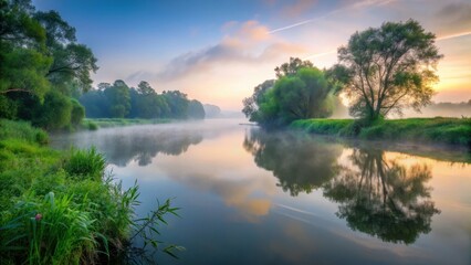 Obraz premium A serene misty atmosphere surrounds a tranquil river scene at dawn with soft gray fog gently rolling in across the calm waters and lush greenery, misty scenery, serene landscapes
