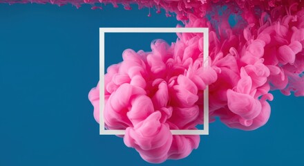 Abstract Pink Ink Swirl with White Frame on Blue Background 