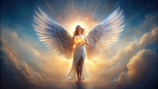 Angelic being with wings unfolding to reveal a radiant heart of love, surrounded by soft, ethereal light , heart, mysticism