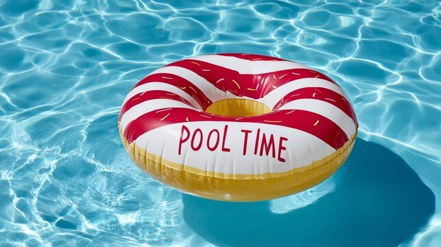 A pool float with the words pool time written on it. The float is yellow and red. It is floating in the water
