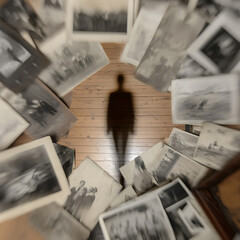 A ghostly figure surrounded by old photographs on the floor