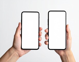 Two hands hold smartphones, blank screens facing outward