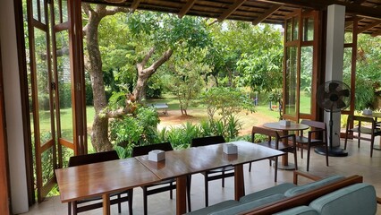 tables in a beachfront restaurant