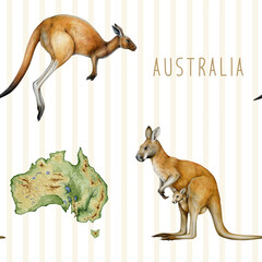 Cute kangaroos with Australia continent map hand drawn vintage style seamless pattern. Australia native marsupial mammals painted illustration. Kangaroo animals endless pattern design element