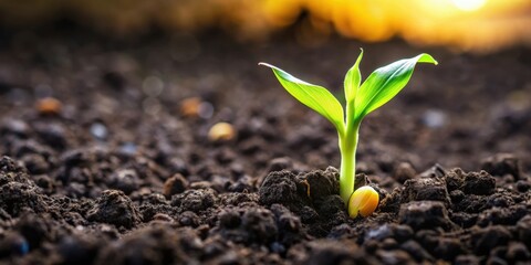 A small corn seed in a fertile dark soil, germinated and starting to sprout with tiny white root and green shoot emerging from the seed coat , roots developing, seeds sprouting