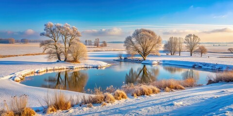 Snowy fields in rural landscape with bare trees and frozen lakes , winter scenery