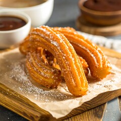 Crispy churros with powdered sugar and chocolate dipping sauce