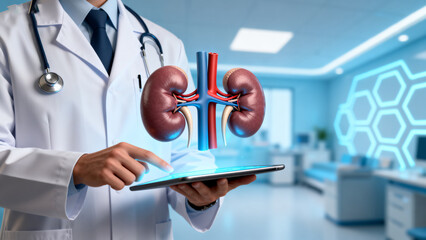 Doctor with floating kidney model in clinic