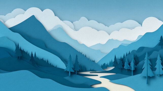 Illustrative scenic mountain landscape with flowing river and pine trees in a stylized cartoon drawing with colorful sky and layered blue hills and clouds - Powered by Adobe