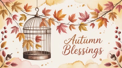 Watercolor image of birdcage with autumn leaves and the words autumn blessings in script font