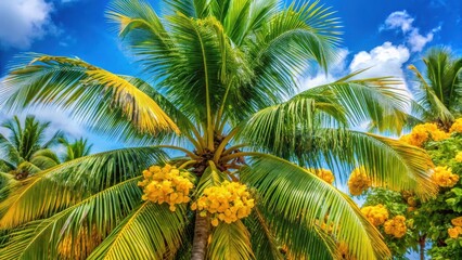 Fototapeta premium Palm tree in full bloom with lush green leaves and vibrant yellow flowers swaying gently in the tropical breeze, nature
