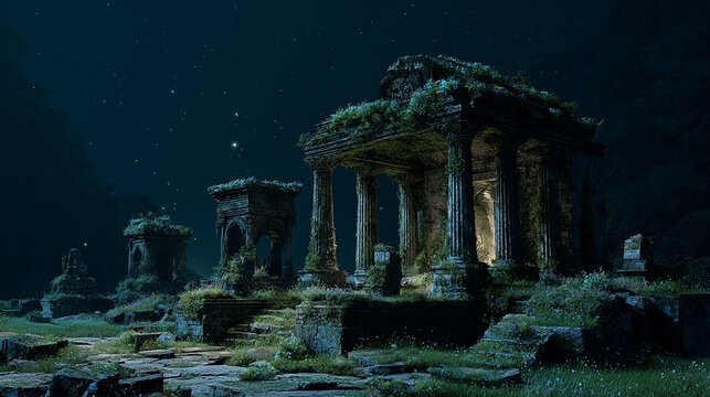 Ancient ruins shrouded in moonlight amidst a mystical forest image