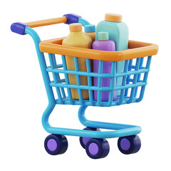 Charming 3d rendering of a toy shopping cart filled with colorful bottles and containers isolated on transparent background