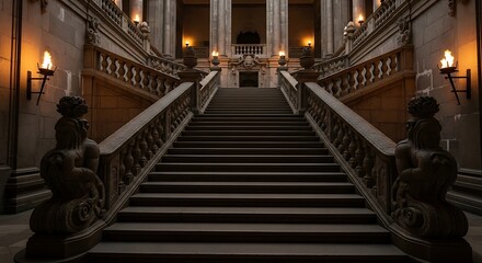 Fototapeta premium Grand Staircase in a Historic Palace with Ornate Balustrades and Warm Lighting.