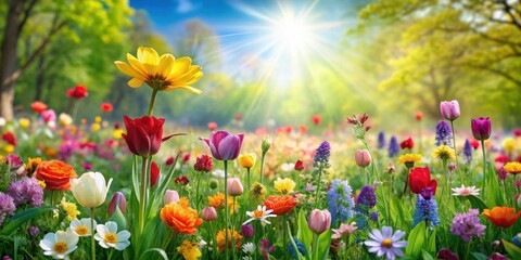 Obraz premium Vibrant Spring Meadow Bursting with Colorful Blooms and Lush Foliage, colorful meadow