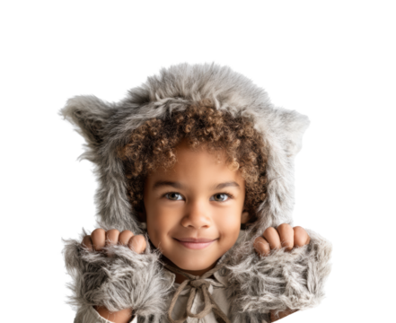 Child in Fuzzy Costume with Wolf Ears on Transparent Background