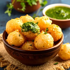 Crispy, golden balls of food topped with green sauce