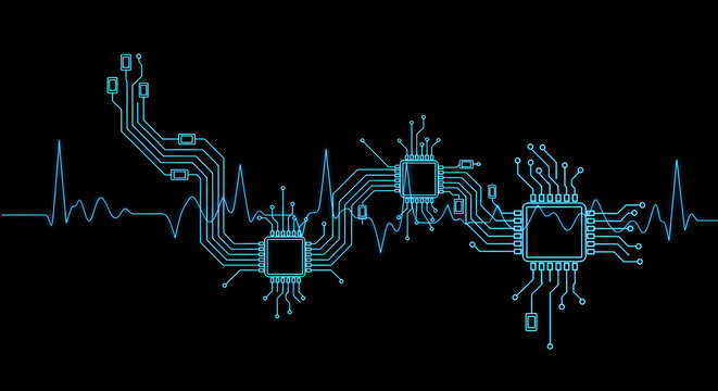 Circuit board background in black, showing electronic components and schematic layout. Circuit board design represents tech industry with glowing lines and connections.