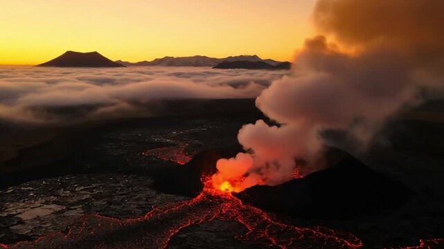 An awe-inspiring aerial perspective captures the raw power of a volcanic eruption unfolding against a vibrant, golden sky at either sunrise or sunset. Rivers of glowing, molten lava flow intensely acr