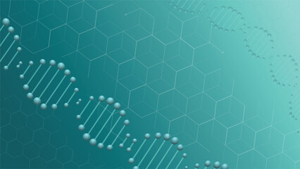 Modern science background featuring DNA helix and hexagonal molecular pattern in teal tones. Perfect for genetics, research, healthcare, and biotechnology concept designs.