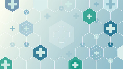 Modern healthcare design with blue hexagon shapes and medical cross icons, creating a clean abstract background for hospitals, clinics, and health technology themes.