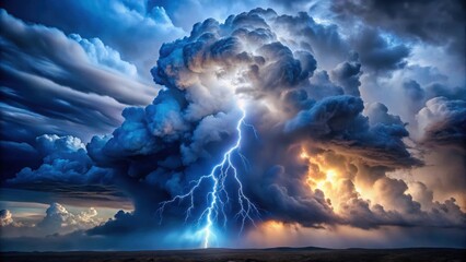 Dramatic thunderstorm sky with realistic lightning glow and misty blue smoke cloud at the bottom frame, blue smoke cloud, lightning storm