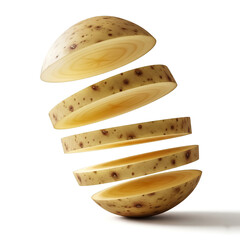 Potato slices floating in mid-air displaying various angles and textures in a creative arrangement