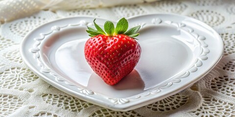 Sweet red heart-shaped strawberry on a decorative plate with a white tablecloth,table,  table, food, centerpiece