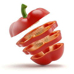 Bright red bell pepper sliced into sections showcasing vibrant inner layers and seeds