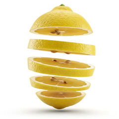 Sliced lemon showcasing its juicy interior in layers suspended in mid-air