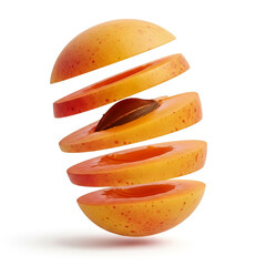 Sliced fruit showcasing layers of a juicy peach floating in mid-air