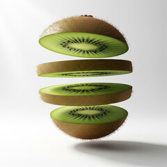 Sliced kiwi fruit arranged in levitating layers against a plain background showcasing its vibrant green interior