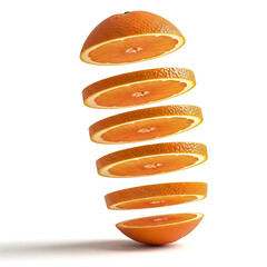 Freshly sliced oranges floating in mid-air create a vibrant and artistic display of citrus fruit