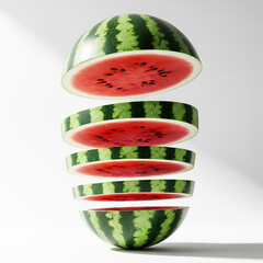 Sliced watermelon halves floating in mid-air create an artistic display showcasing fresh fruit and vibrant colors
