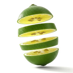 Fresh lime sliced into sections floating in air with a clean background