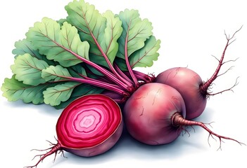 Fresh beets with vibrant foliage and cross section revealing inner rings in a well-lit setting