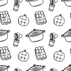 Seamless pattern with a saucepan, potholder, whisk, and ladle. Cooking utensils. Black and white graphics.