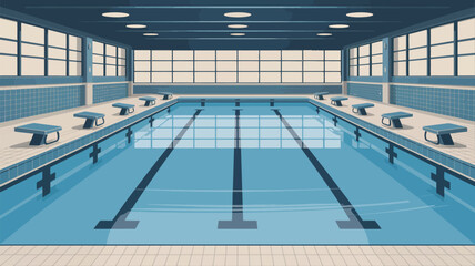 A cartoon swimming pool with starting blocks and lane markers in an indoor swimming facility area
