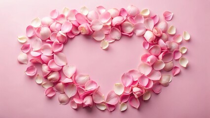 Delicate pink rose petals scattered on a soft pink background, forming a heart shape , love, hearts,  love, hearts