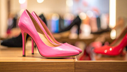 A closeup of pink high heel shoes on a shelf in a luxury store