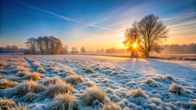 Frozen Meadow in Winter Landscape, sun rising, frosty morning,  sun rising