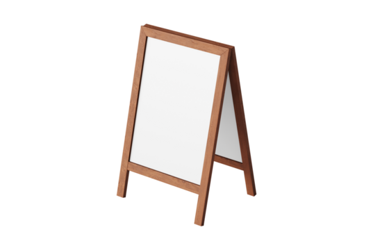 Realistic Wooden A-Frame Sidewalk Sign Mockup on Transparent Background – Blank Cafe Chalkboard Sandwich Board Template for Restaurant Menu, Shop Branding, and Outdoor Advertising Presentation