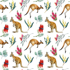 Kangaroo animals with Australian flora elements on white background hand drawn seamless pattern element. Cute hopping and standing kangaroos with Australia flowers seamless pattern design