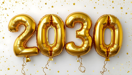 Celebration of the New Year 2030 with golden balloons and festive decorations in a party atmosphere
