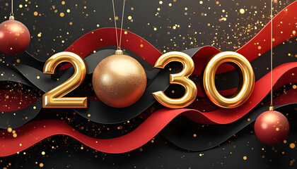 Golden 2030 lettering with red and black ribbons and festive ornaments creating a celebratory atmosphere for New Year