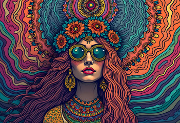 Vibrant woman with floral crown and colorful background embodies bohemian spirit in modern art