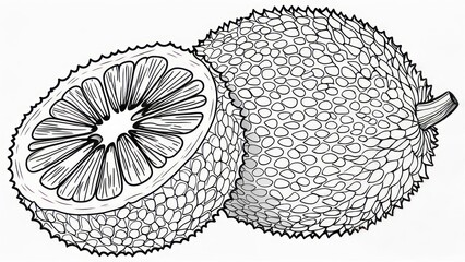 Hand Drawn Black and White Illustration of a Whole and Halved Jackfruit.