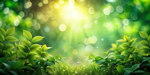 Dense foliage with vibrant green bokeh abstract light effects in a natural forest setting at dawn , nature, forest