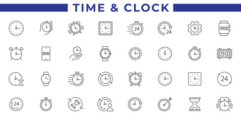 Time and Clock Line Icons. Stopwatch, Timer, Alarm, Watch, and Time Management Vector Outline Icon Set