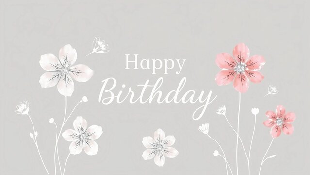 pastel birthday card with soft line art flowers and elegant Happy Birthday typography on light background.
